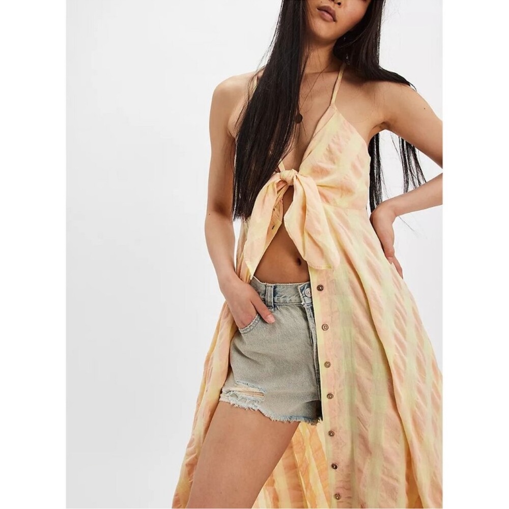 Free People Peach & Cream Tie-Front Button Midi Dress - Picture 5 of 15